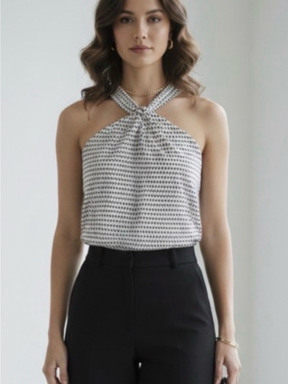 Adrianna Papell Sleeveless Halter Neck Twisted Printed Blouse in White and Black